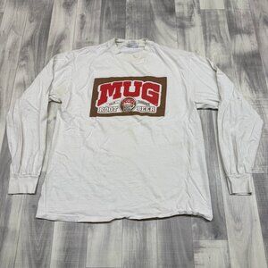 ✅ Mens L 42-44 VTG Hanes Beefy-T Mug Root Beer Graphic Long-Sleeve Shirt White**